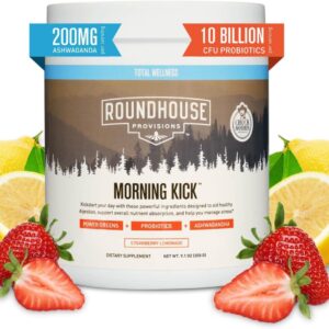 ROUNDHOUSE PROVISION Morning Kick, Zero Sugar Greens Superfood Powder Supplement with Ashwaganda, Collagen, Probiotics, Debloat Drink, 30 Servings (Strawberry Lemonade) by Chuck Norris