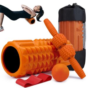 Krightlink 5-in-1 Foam Roller Set, Massage Roller Stick, Massage Ball, Resistance Band for Deep Muscle Massage, Trigger Point Release, Pilates, Yoga (Orange)