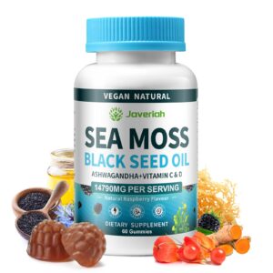 Vegan Ashwagandha Sea Moss Gummies - Black Seed Oil, Vitamin C&D for Immune Support, Digestive, Antioxidant 13 in 1 Bundle, Sea Moss Chlorophyll Advanced Strength Formula 60 Gummies