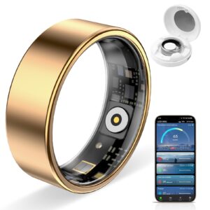 Smart Ring Pro, Fitness Tracker with Heart Rate, Blood Pressure, Stress, Sleep Tracking, Step Tracking, 10ATM Waterproof, Smart Ring for iPhone and Android (Gold 2.0, 7)