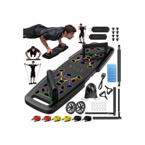 Push Up Board,Home Gym,Portable Exercise Equipment,Pilates Bar and 20 Fitness Accessories with Resistance Bands and Ab Roller Wheel,Full Body Workout at Home