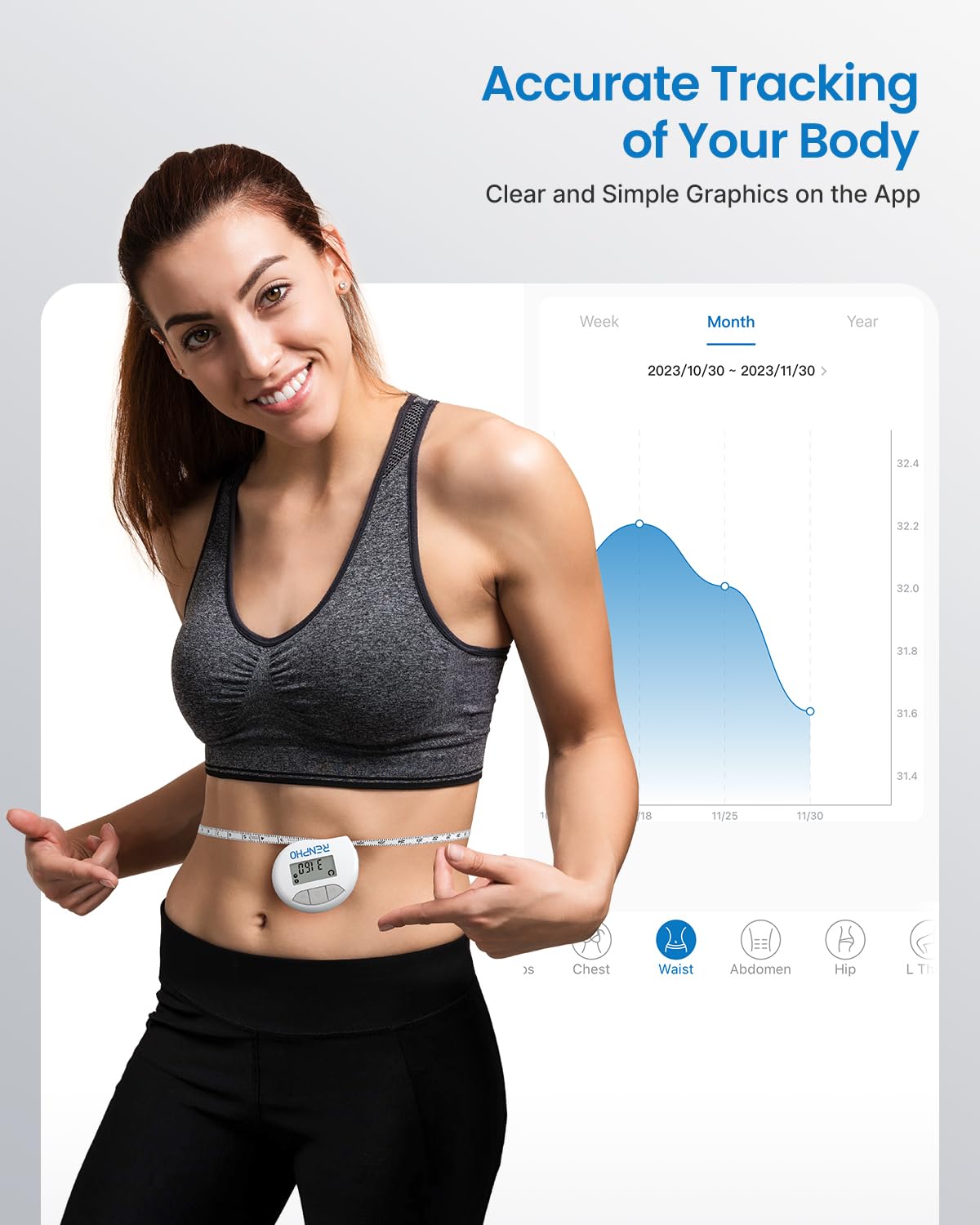 RENPHO Smart Body Measuring Tape, Bluetooth App, 60in, for Weight Loss - Image 2