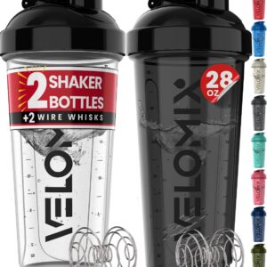 VELOMIX 2 Pack 28oz Protein Shaker Bottle for Protein Mixes, Black/Transpar